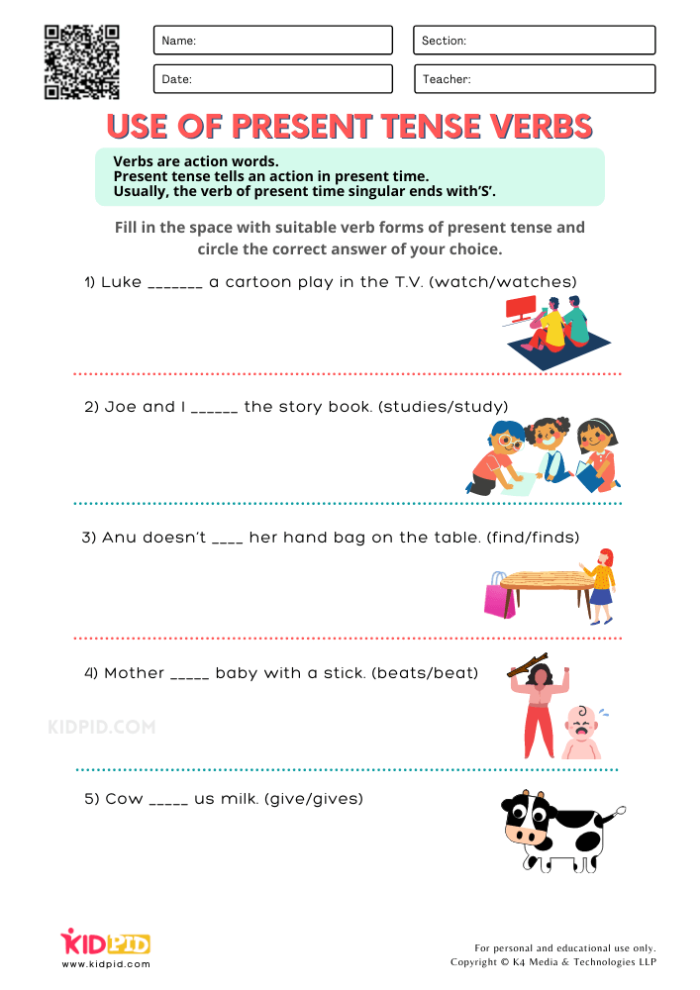 Third grade students practicing present tense action verbs on a grammar worksheet