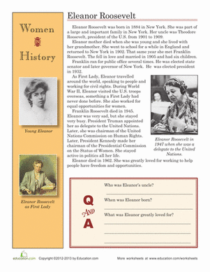 Engaging reading comprehension activity about the first modern first lady Eleanor Roosevelt biography worksheet for third-grade history students