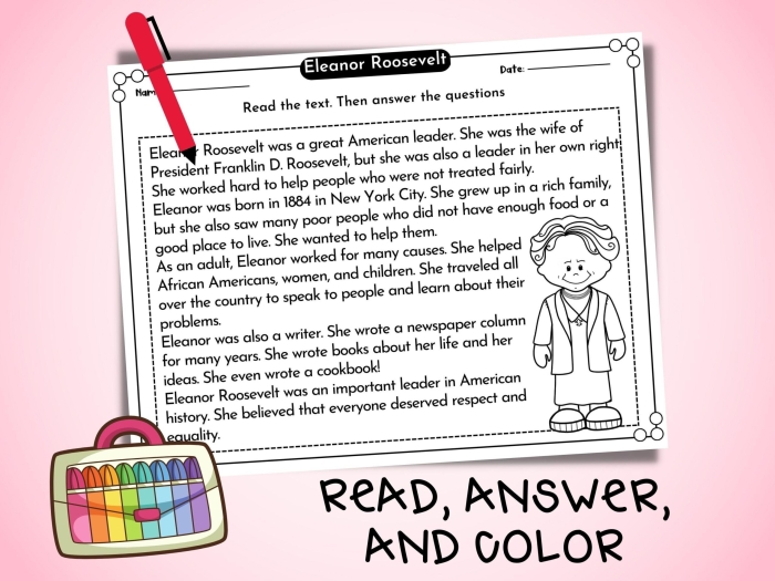 Worksheet for developing reading comprehension skills while exploring Eleanor Roosevelt's impact Eleanor Roosevelt biography worksheet for third-grade students learning about women in history