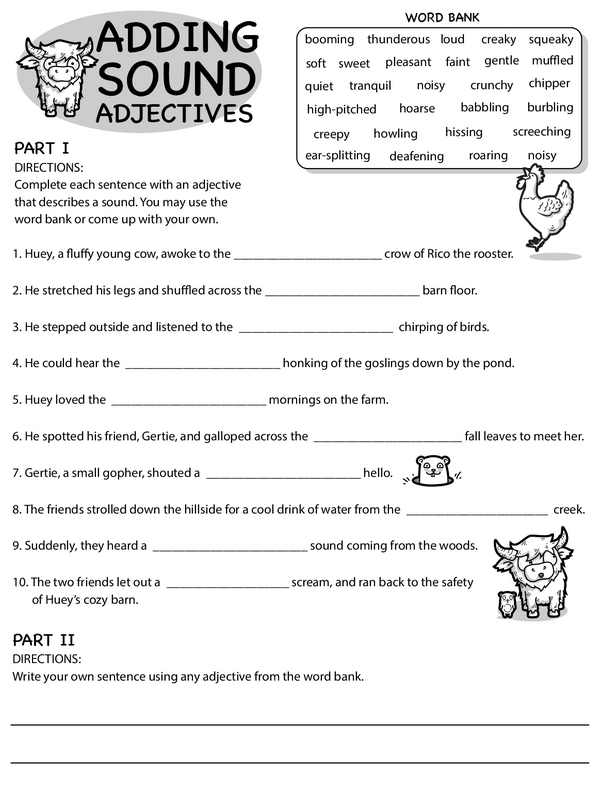Third grade student completing an Adding Adjectives worksheet with sentence practice