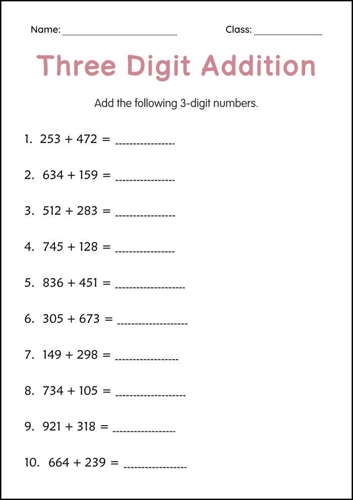 Third grade math worksheet featuring practice problems for adding three-digit numbers up to 1000