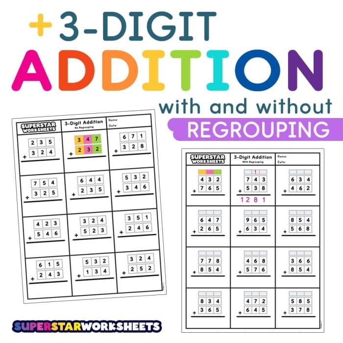 Third grade student practicing addition with three-digit numbers on a printable math worksheet