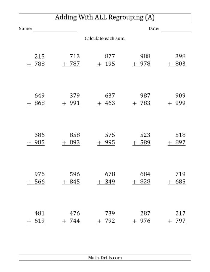 Third grade math worksheet featuring practice problems for adding three-digit numbers up to 1000