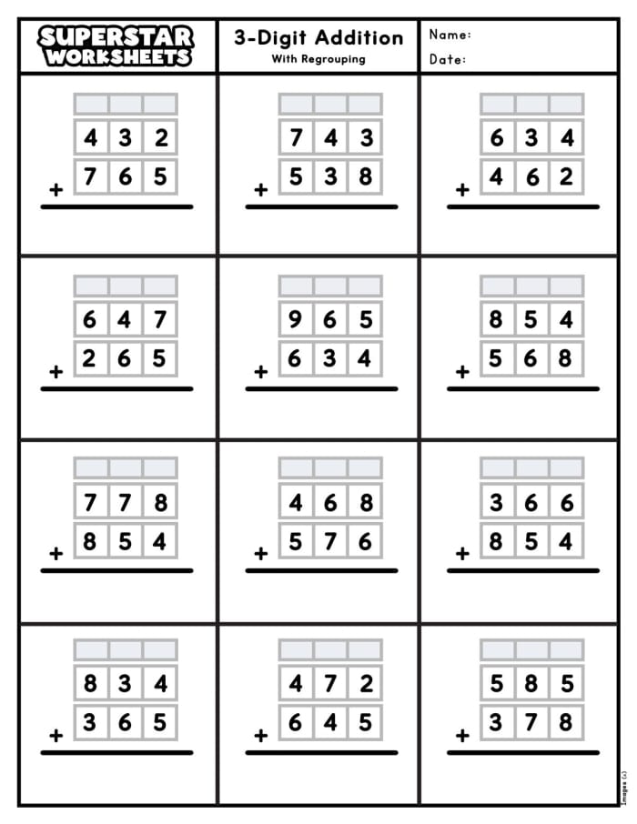 Third grade math worksheet for practicing addition of three-digit numbers up to 1000