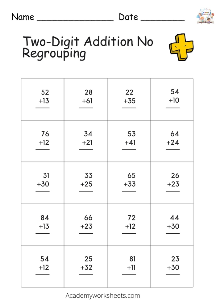 Third grade math worksheet featuring addition problems that require carrying to the tens column