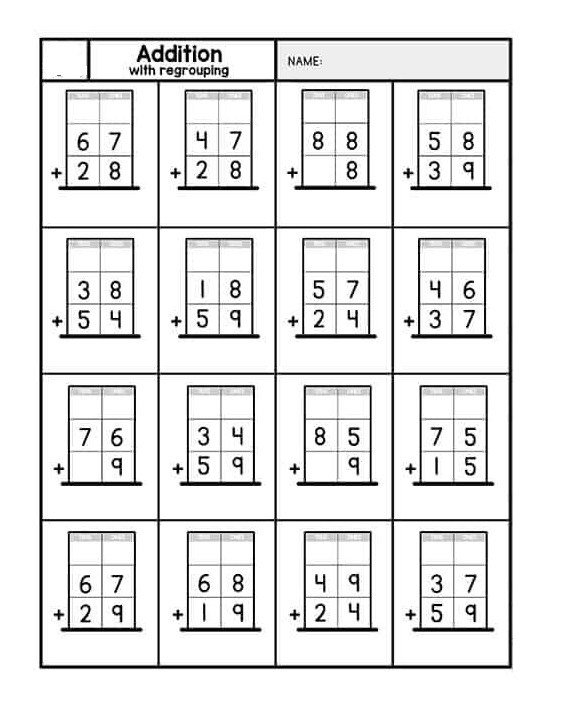 Review Addition with Regrouping Worksheet 22 for Elementary Math Practice Third grade addition with regrouping practice problems showing carrying in two-digit and three-digit addition equations