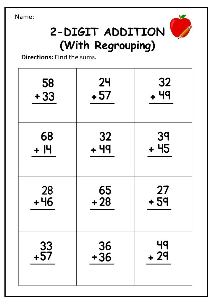 Review Addition with Regrouping Practice Problems Worksheet 7 Third grade addition worksheet with regrouping problems for practicing carrying in multi-digit addition