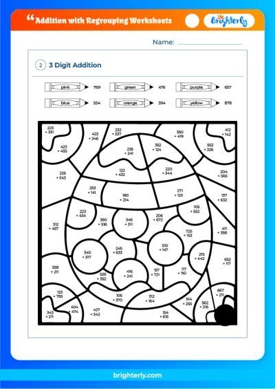 Third grade addition regrouping worksheet showing two-digit addition problems with carrying tens