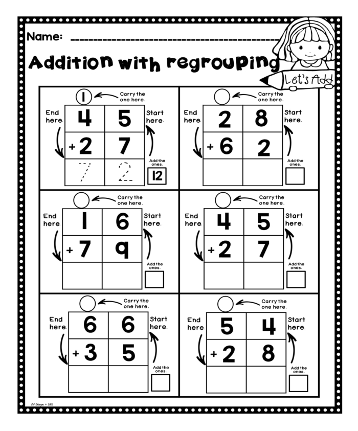 Review Addition with Regrouping worksheet 16 for third grade math practice Third grade math worksheet featuring multiple addition problems that require regrouping to solve