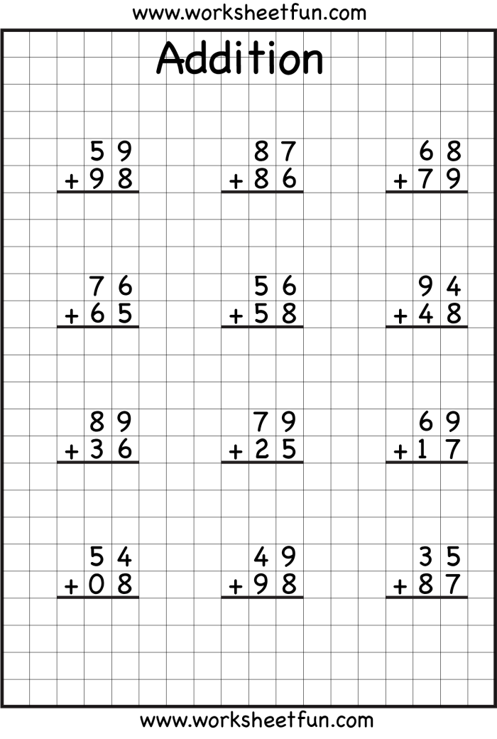 Practice addition with regrouping exercises for elementary math students in grade 3 Third grade addition worksheet showing math problems that require regrouping and carrying to solve correctly