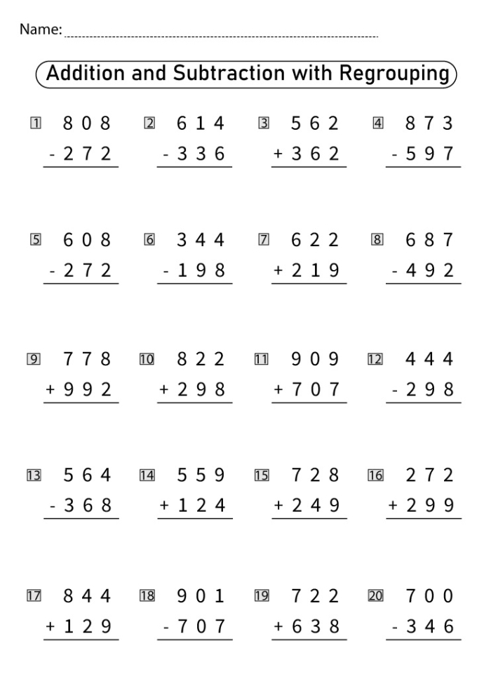 Third grade math worksheet featuring addition problems that require regrouping and carrying to the tens column