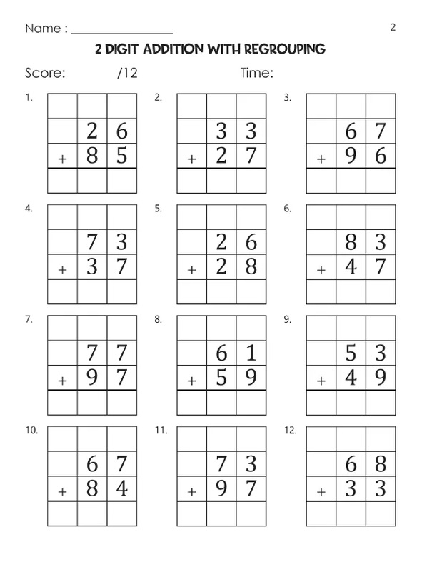 Third grade math printable for practicing addition regrouping and carrying in the tens column