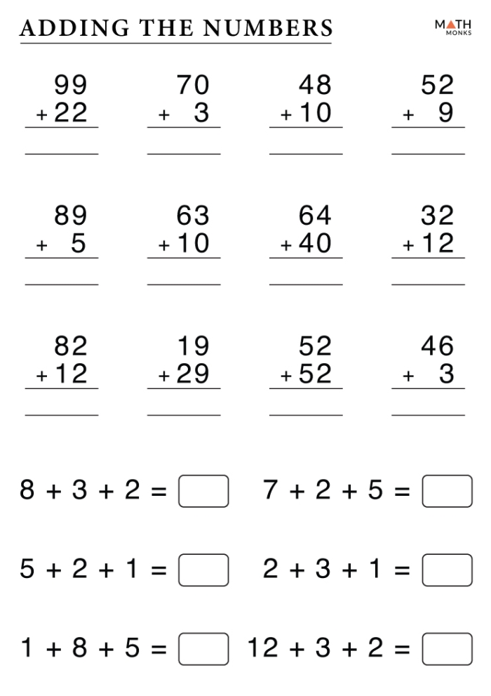 Third grade math worksheet featuring addition problems that require regrouping and carrying into the tens column
