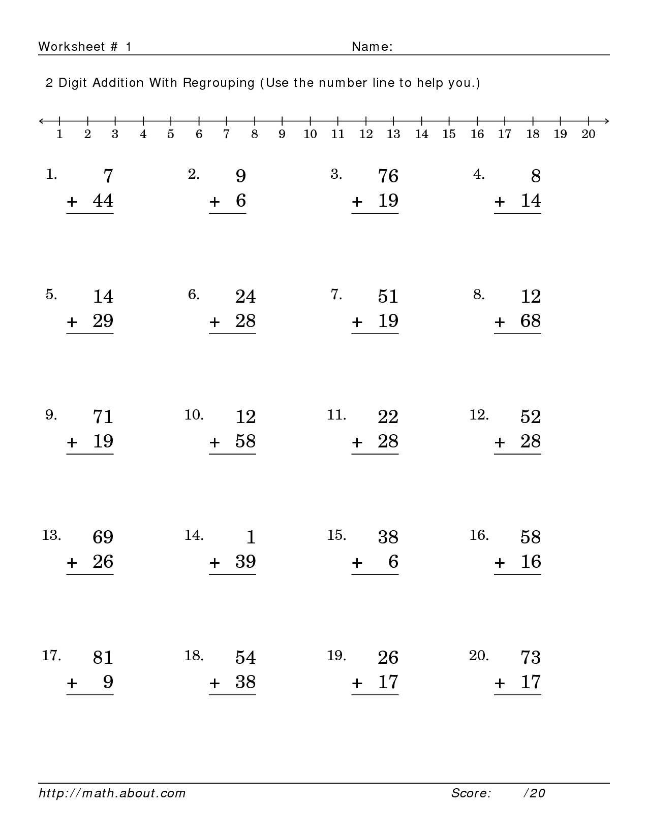 Review Addition with Regrouping Worksheet Practice 4 Third grade addition with regrouping practice problems showing carrying in two-digit addition
