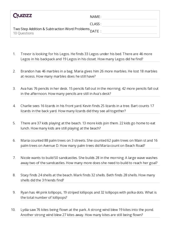 Third grade students solving addition and subtraction word problems with visual support and step-by-step process guidance