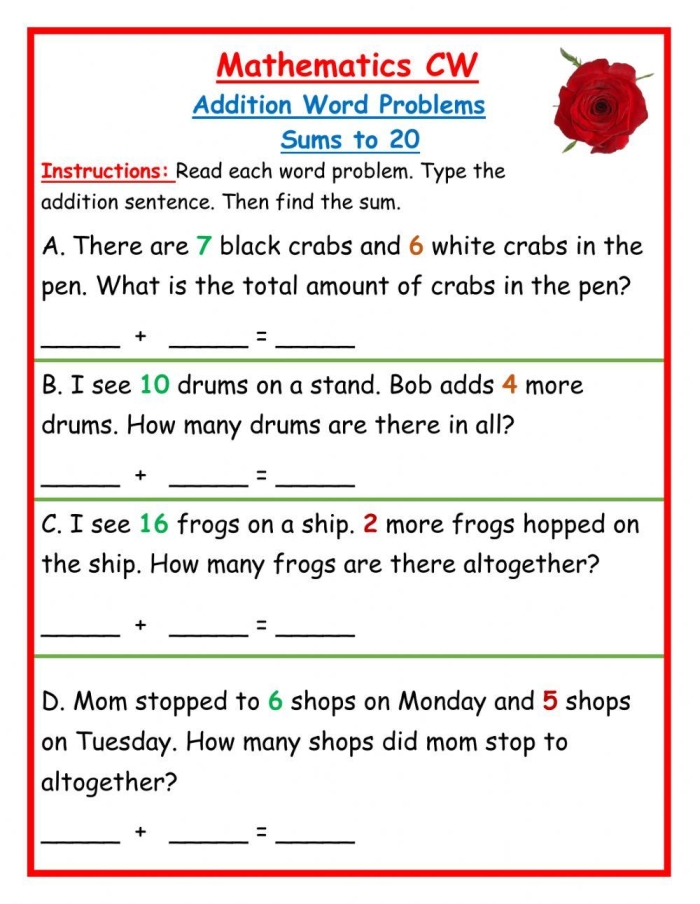 Addition Word Problems: Add It Up! Practice Sheet 14 for Elementary Math Students Third grade math worksheet showing addition word problems where students solve problems with two or three two-digit numbers to add together