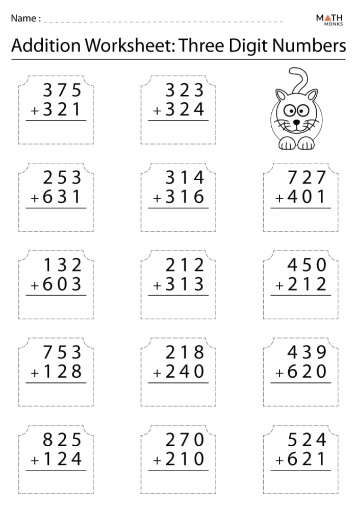 Third grade worksheet featuring math problems for adding three-digit numbers up to 1000