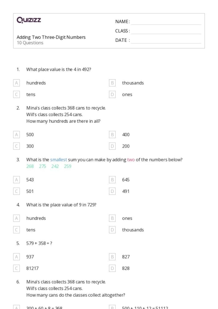 Worksheet featuring addition problems for three-digit numbers under 1,000