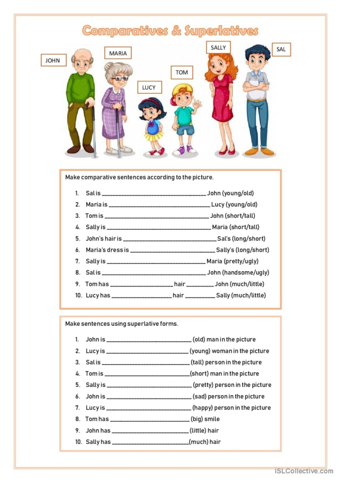Third-grade grammar worksheet on writing comparative and superlative adjectives Worksheet for practicing comparative and superlative adjectives for third graders
