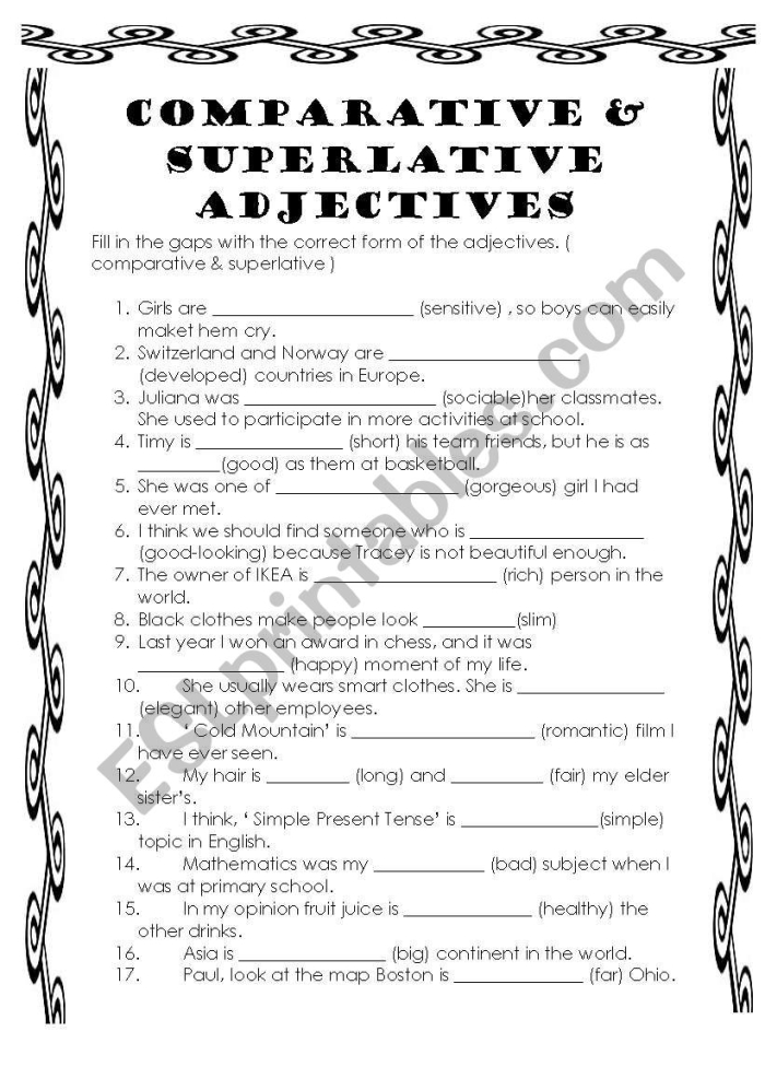 Third-grade grammar worksheet on comparative and superlative adjectives Worksheet for practicing comparative and superlative adjectives for third graders