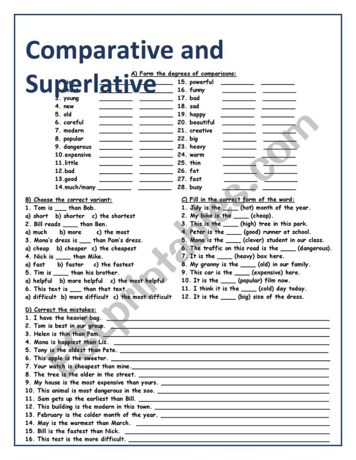 Third grade worksheet for practicing comparative and superlative adjective forms in twenty sentences