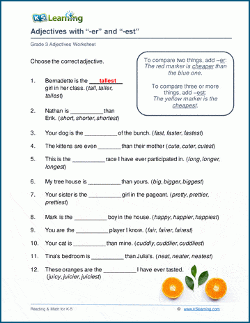 Worksheet for practicing the addition of adjectives in sentences for third graders