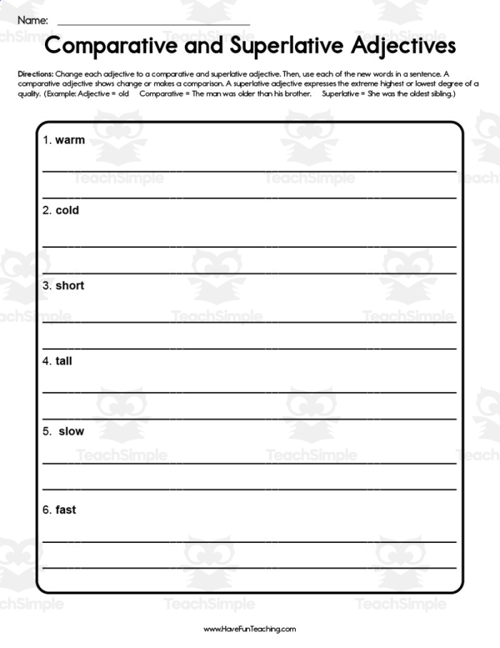 Third-grade grammar worksheet on writing comparative and superlative adjectives Worksheet for practicing comparative and superlative adjectives for third graders