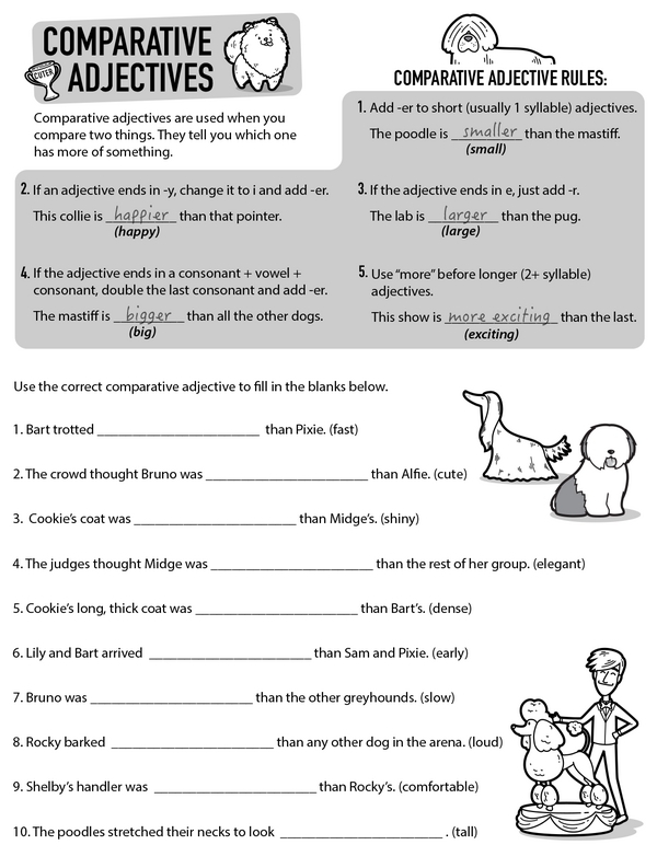 Worksheet for practicing the addition of adjectives in sentences and words for third graders