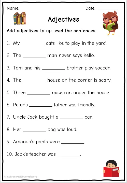 Third grade students practicing adding descriptive adjectives to sentences on a worksheet