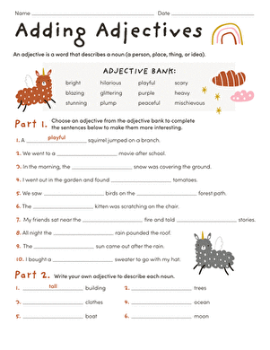 Third grade student completing a worksheet on adding descriptive adjectives to sentences