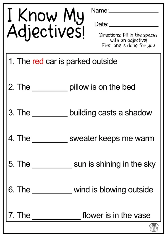 Worksheet for practicing adding adjectives in sentences for third graders