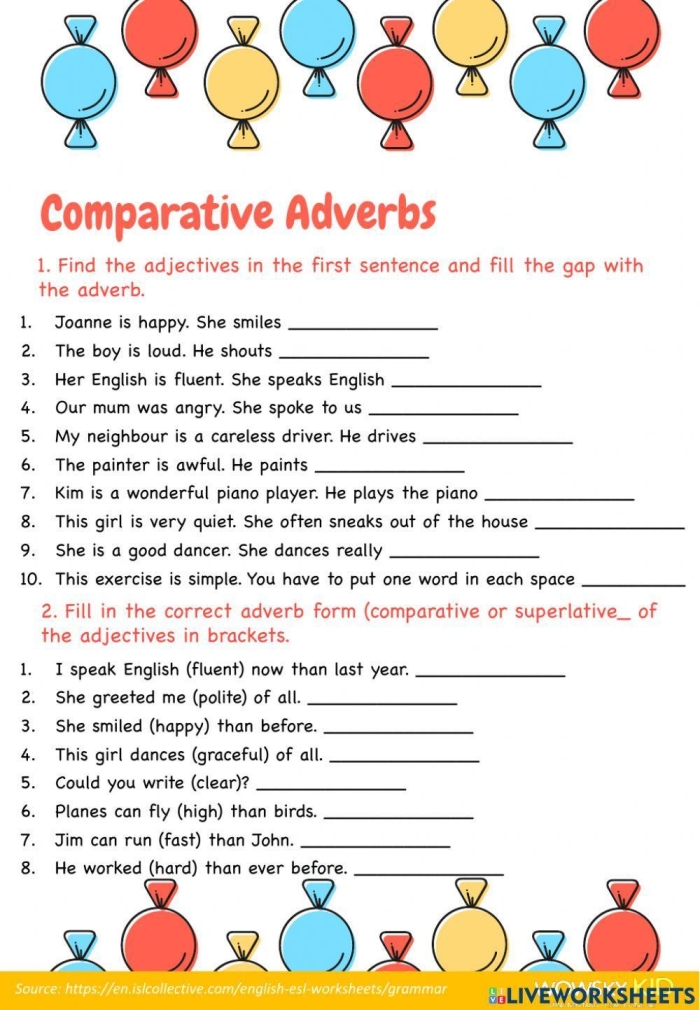 Engaging comparative and superlative adjectives activity for students Worksheet for practicing comparative and superlative adjectives for third graders
