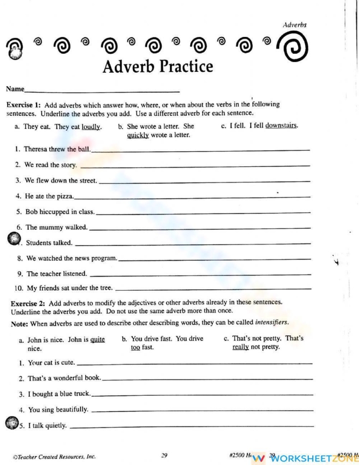 Numbers and Counting worksheet for Third Grade Adverb practice worksheet designed for third graders to enhance their understanding of parts of speech. Educational image illustrating a fun activity focused on identifying and using adverbs in sentences.