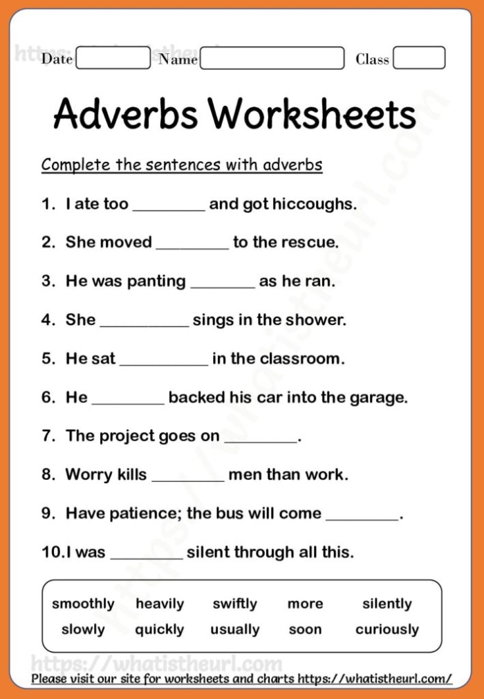 Third grade adverb practice sheet to enhance grammar skills and understanding of parts of speech Adverb practice worksheet for third graders focusing on identifying and using adverbs in sentences