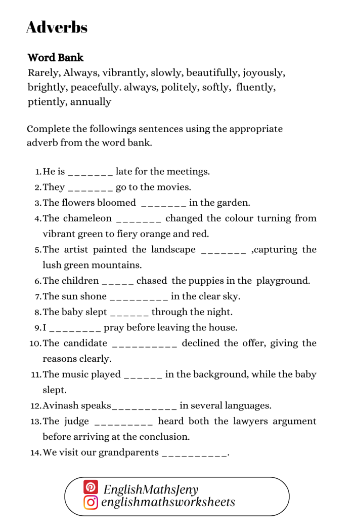 Worksheet image showcasing adverb exercises to enhance grammar skills for young learners Adverb practice worksheet for third-grade students focusing on identifying and using adverbs in sentences