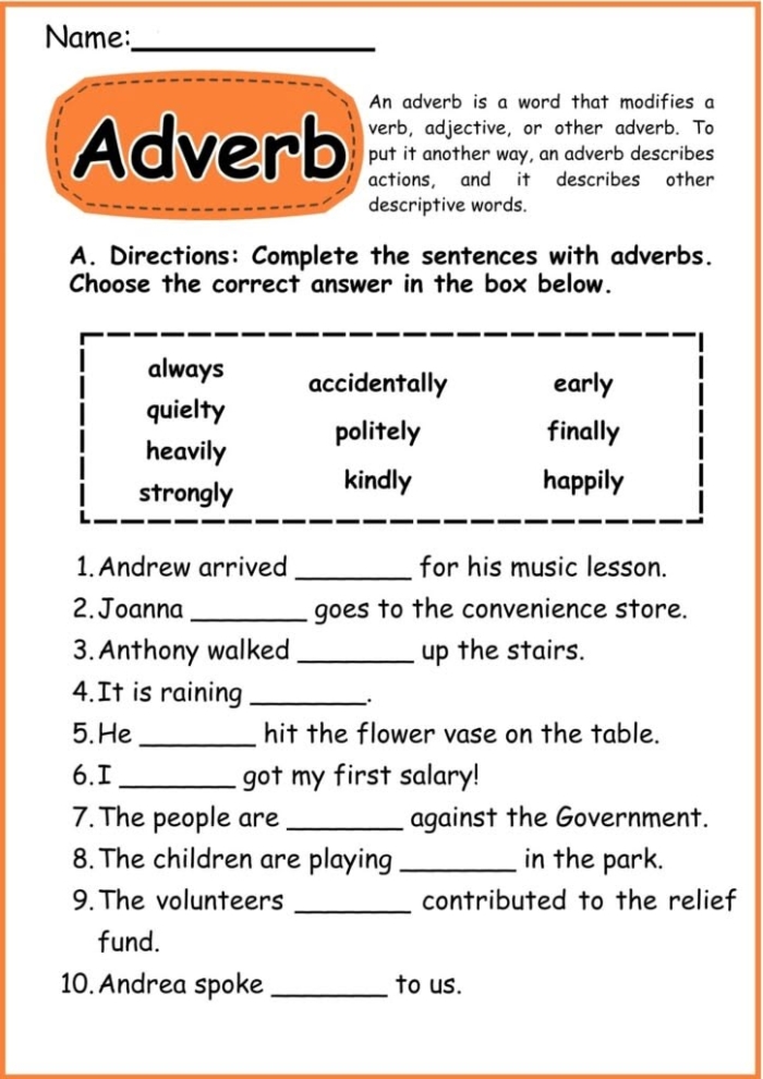 Engaging adverb worksheet designed to enhance grammar skills for young learners Adverb practice worksheet for third graders focusing on identifying and using adverbs in sentences