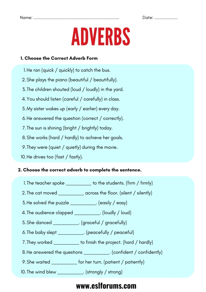 Third grade adverb worksheet to enhance grammar skills and understanding of parts of speech Adverb practice worksheet for third graders focusing on identifying and using adverbs in sentences
