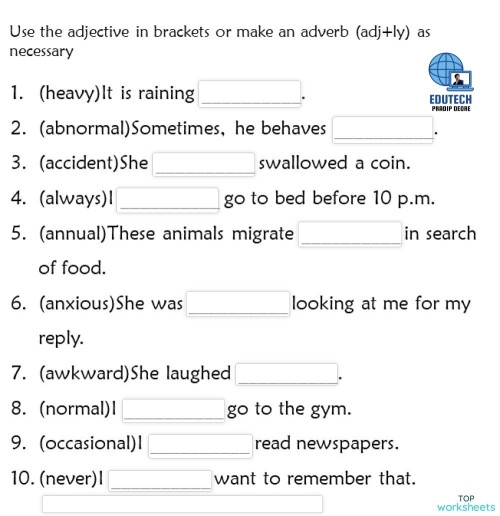 Types of Adverbs Handout for educational use in Grade 3 Worksheet on various types of adverbs for third graders in geography class