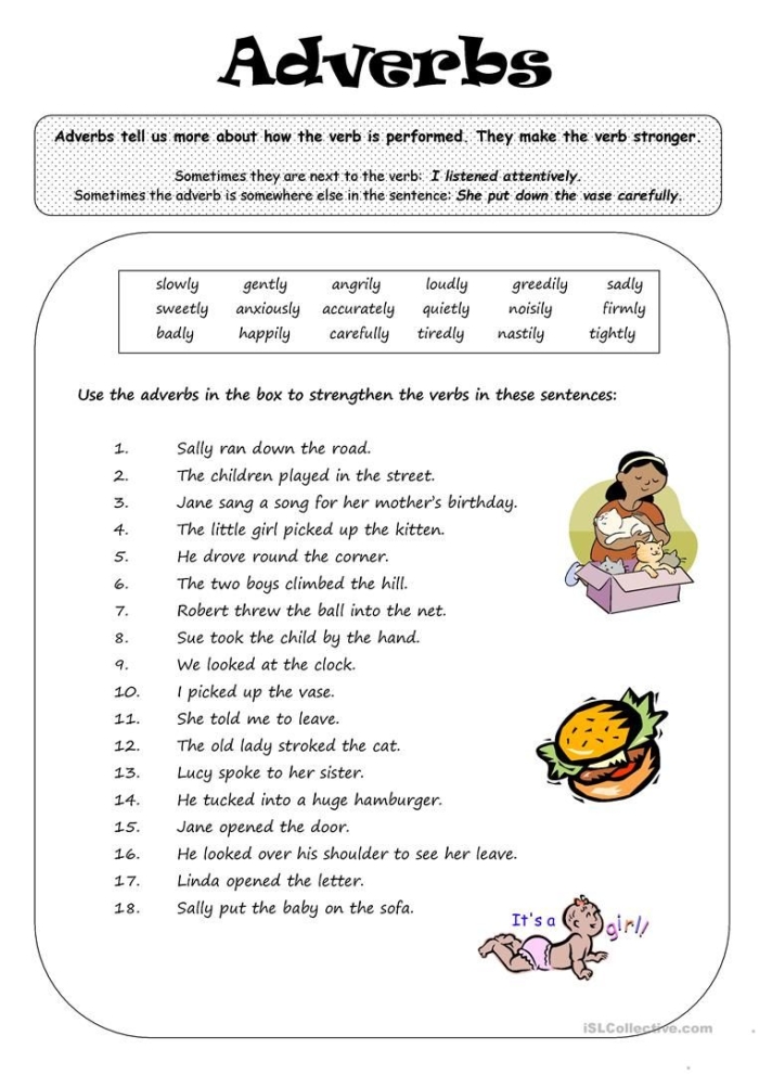 Educational handout on adverbs with examples for classroom use Worksheet showcasing types of adverbs for third-grade geography students
