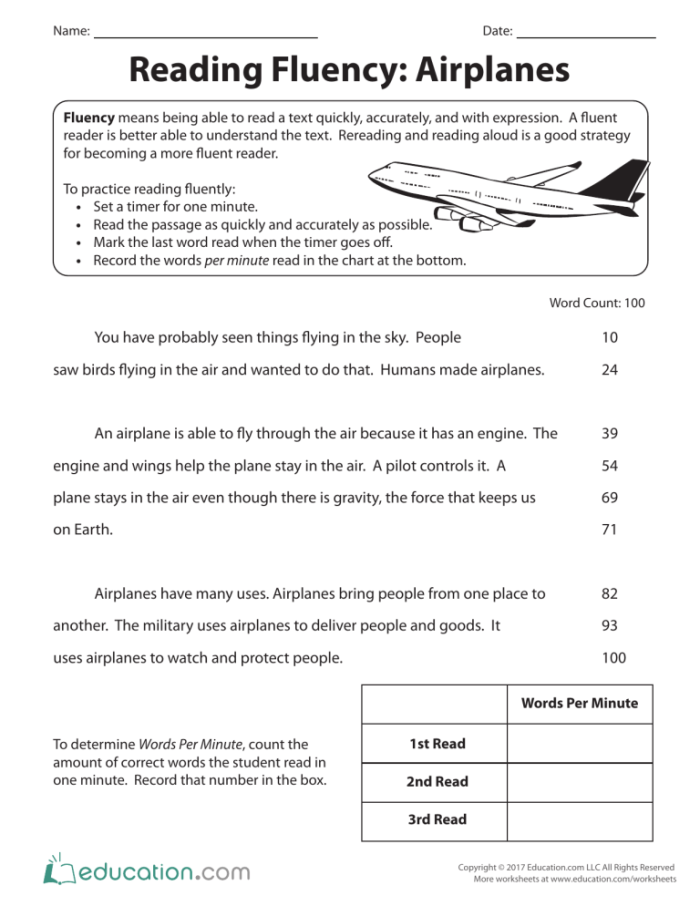 Third grade student completing a reading fluency worksheet featuring an airplane theme for place value practice
