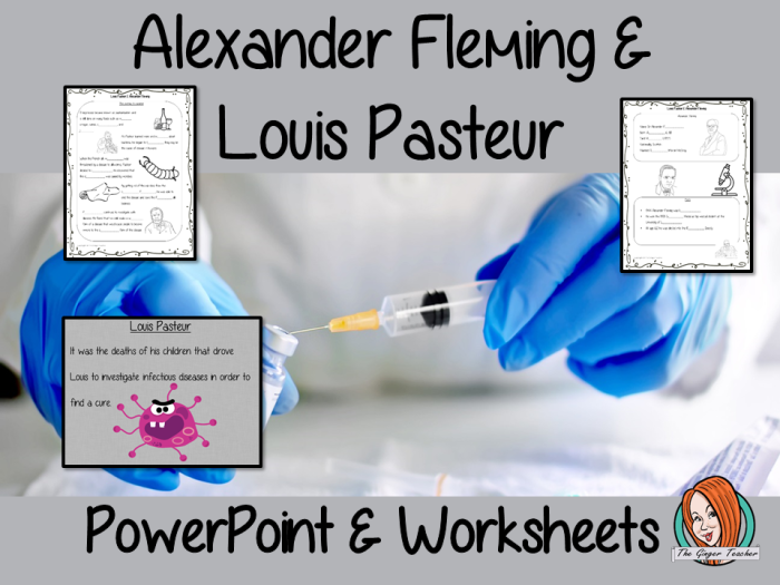 Illustration of a third-grade worksheet about Alexander Fleming and his discovery of penicillin