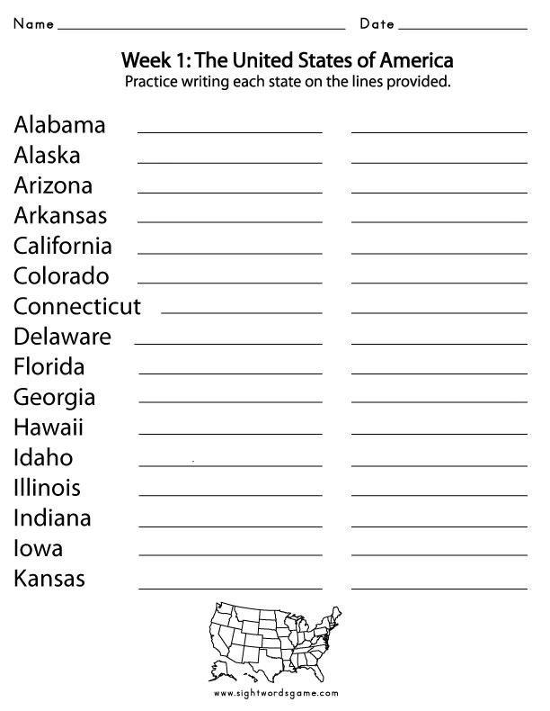 Third grade student filling out a printable worksheet to alphabetize the 50 United States for geography practice