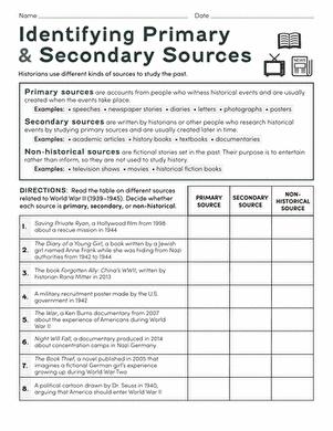 Worksheet illustrating primary and secondary sources related to the American Revolution for third graders. Educational resource for identifying source types in social studies.