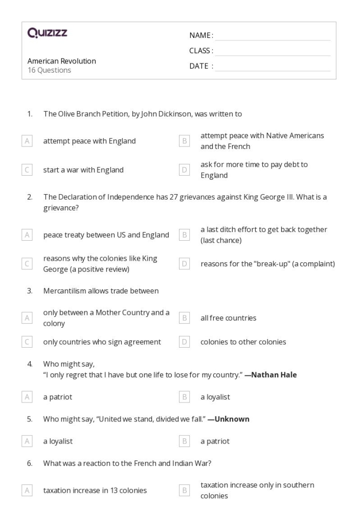 Worksheet illustrating primary and secondary sources related to the American Revolution for third graders