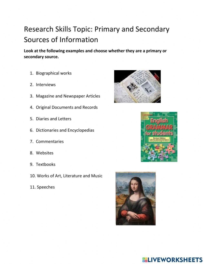 Worksheet illustrating primary and secondary sources related to the American Revolution for third graders