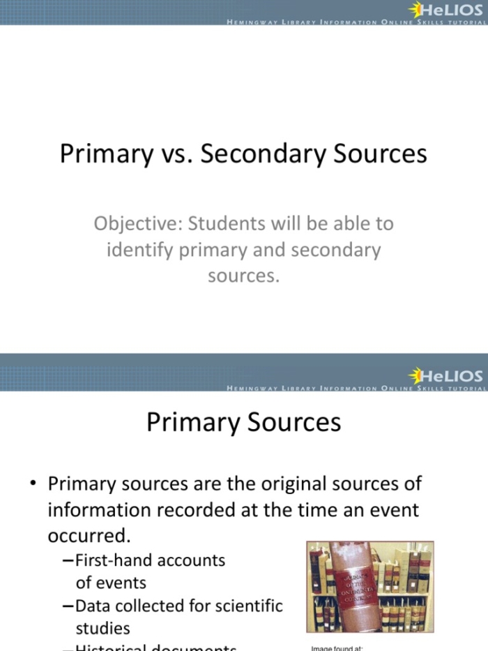 Worksheet illustrating the distinction between primary and secondary sources related to the American Revolution
