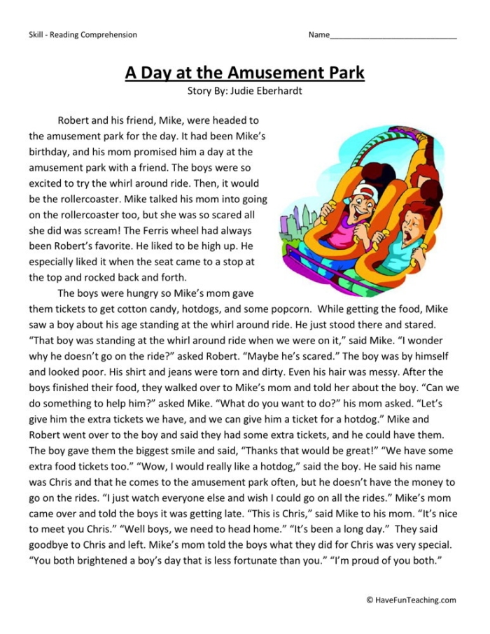 Worksheet featuring cause and effect reading comprehension activities about a day at the amusement park. My Day at the Amusement Park: Cause and Effect Reading Comprehension Worksheet for Third Grade.