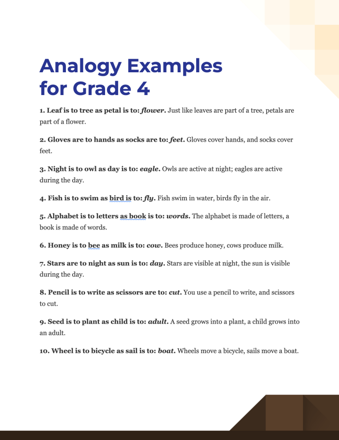 Analogies worksheet for third graders featuring comparisons between unrelated items