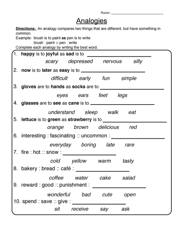 Analogies worksheet for third graders focusing on comparing unlike things