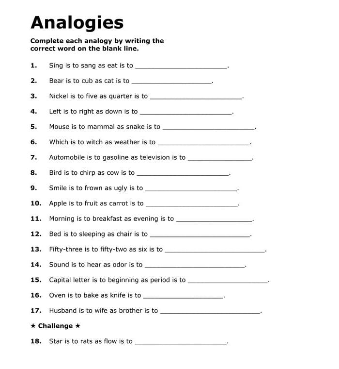 Analogies worksheet designed for third graders to compare unlike things and enhance reading skills